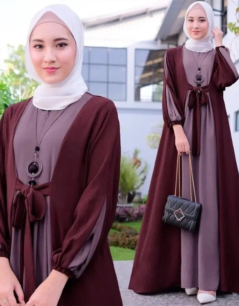 Women's gown Color Matching Lace Up Pullover Long Sleeved Dress abaya