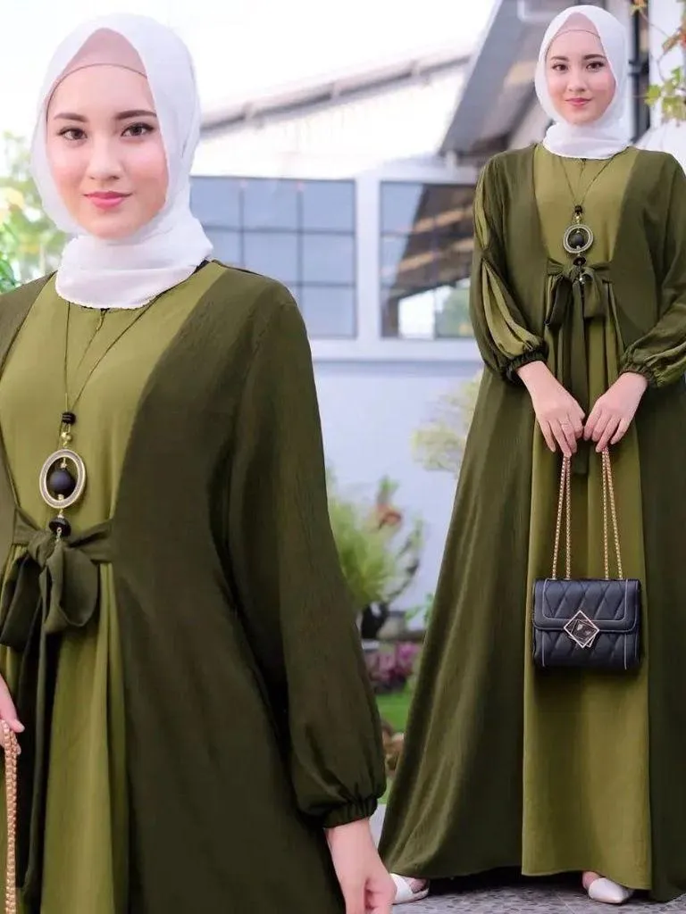 Women's gown Color Matching Lace Up Pullover Long Sleeved Dress abaya