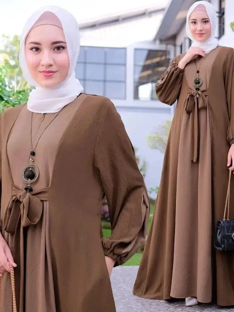 Women's gown Color Matching Lace Up Pullover Long Sleeved Dress abaya