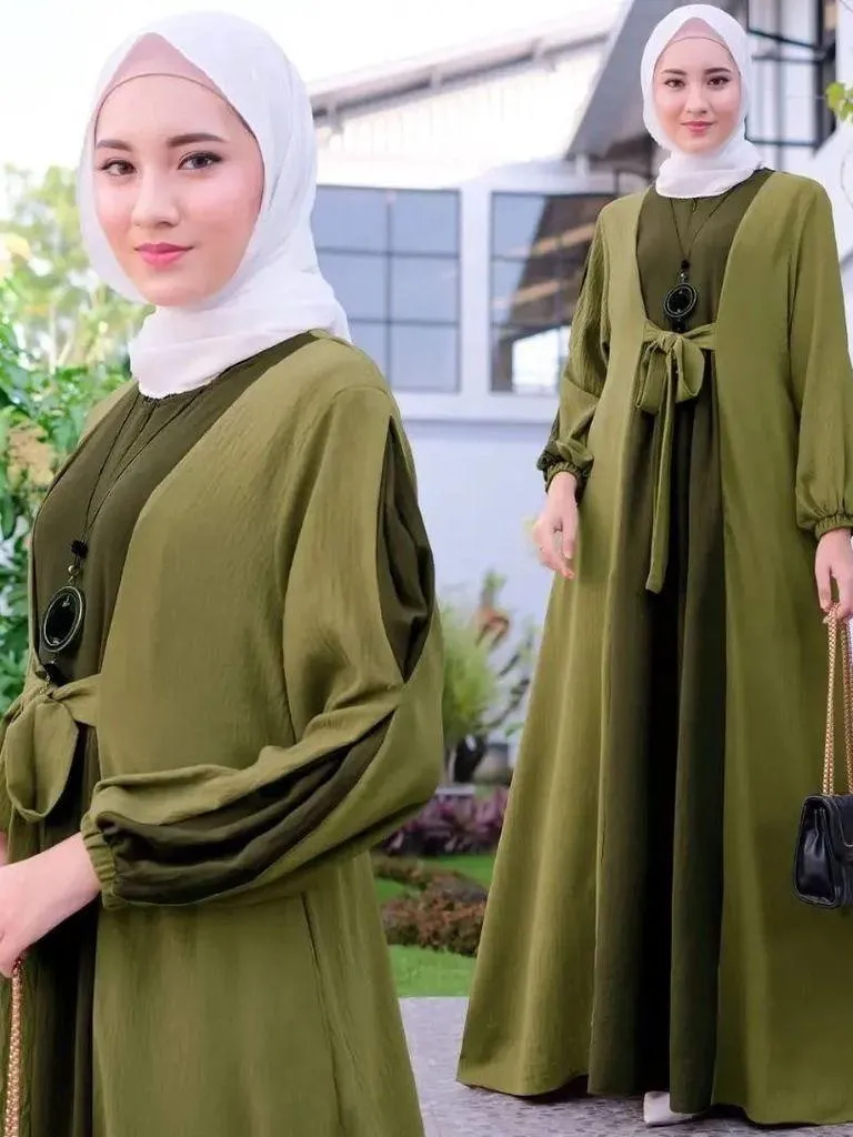 Women's gown Color Matching Lace Up Pullover Long Sleeved Dress abaya