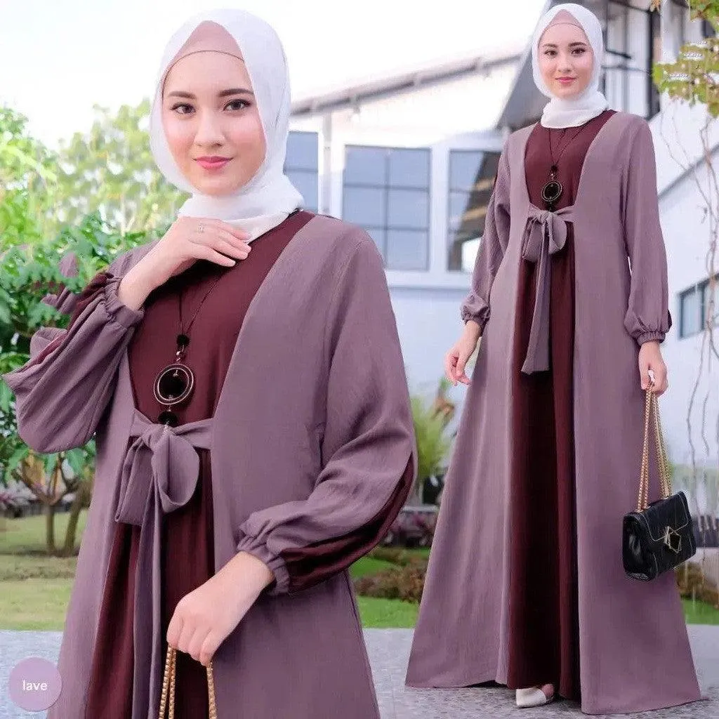 Women's gown Color Matching Lace Up Pullover Long Sleeved Dress abaya