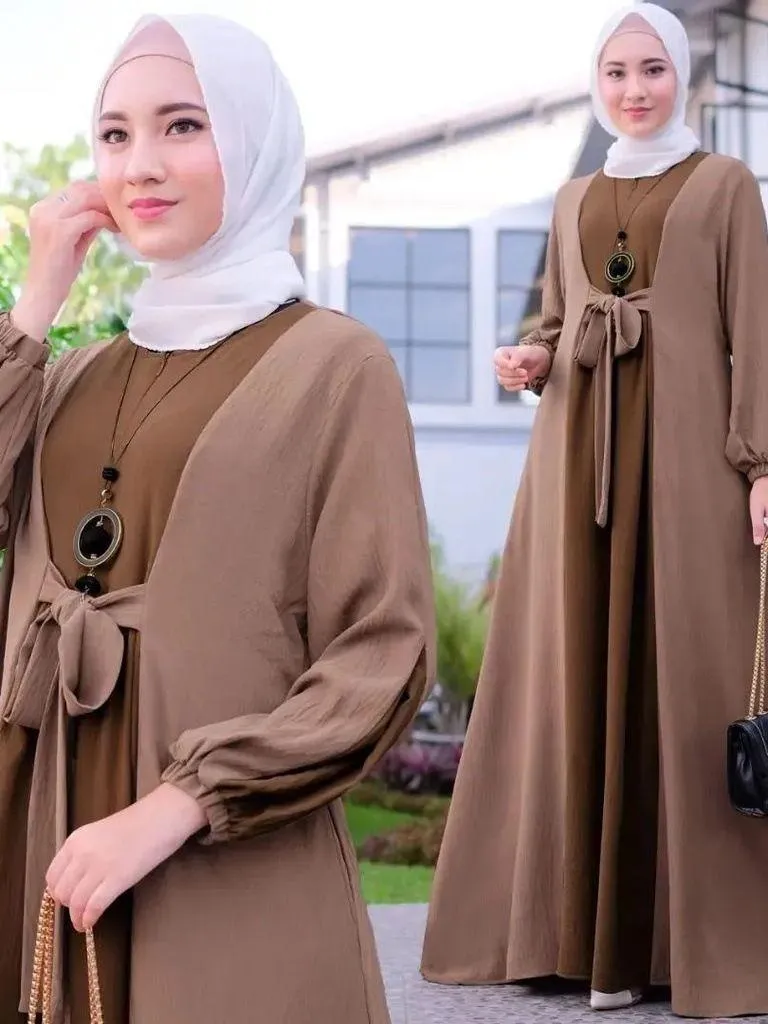 Women's gown Color Matching Lace Up Pullover Long Sleeved Dress abaya