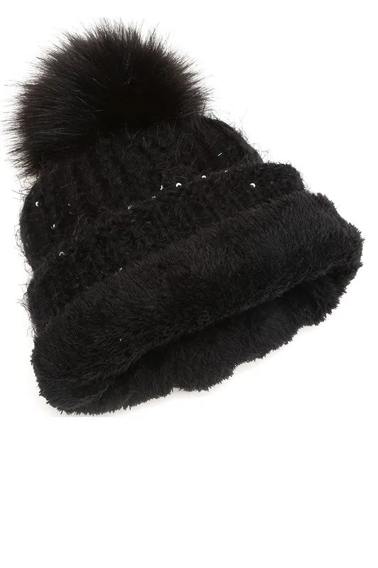 Women's Sequin Cable Knit Sherpa Lined Beanie Hat