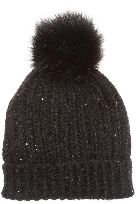 Women's Sequin Cable Knit Sherpa Lined Beanie Hat