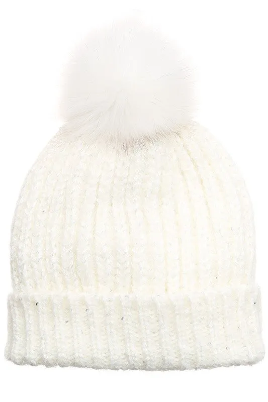 Women's Sequin Cable Knit Sherpa Lined Beanie Hat