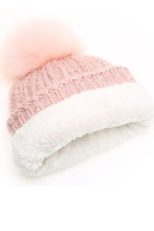 Women's Sequin Cable Knit Sherpa Lined Beanie Hat