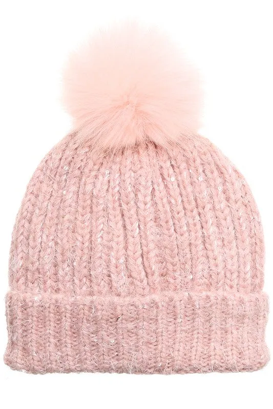 Women's Sequin Cable Knit Sherpa Lined Beanie Hat